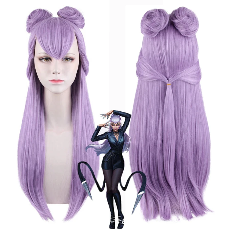 

KDA Baddest Evelynn Cosplay Wigs LOL KDA Cosplay Long Purple Wigs with Buns Heat Resistant Synthetic Hair Game Cos