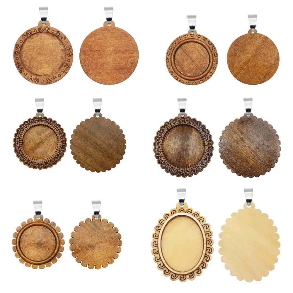 

6pcs Wood Trays Bezel Blank Charm Stainless Steel Hook fit 25mm 30mm Cabochon Pendant Base Setting Necklace DIY Jewelry Making