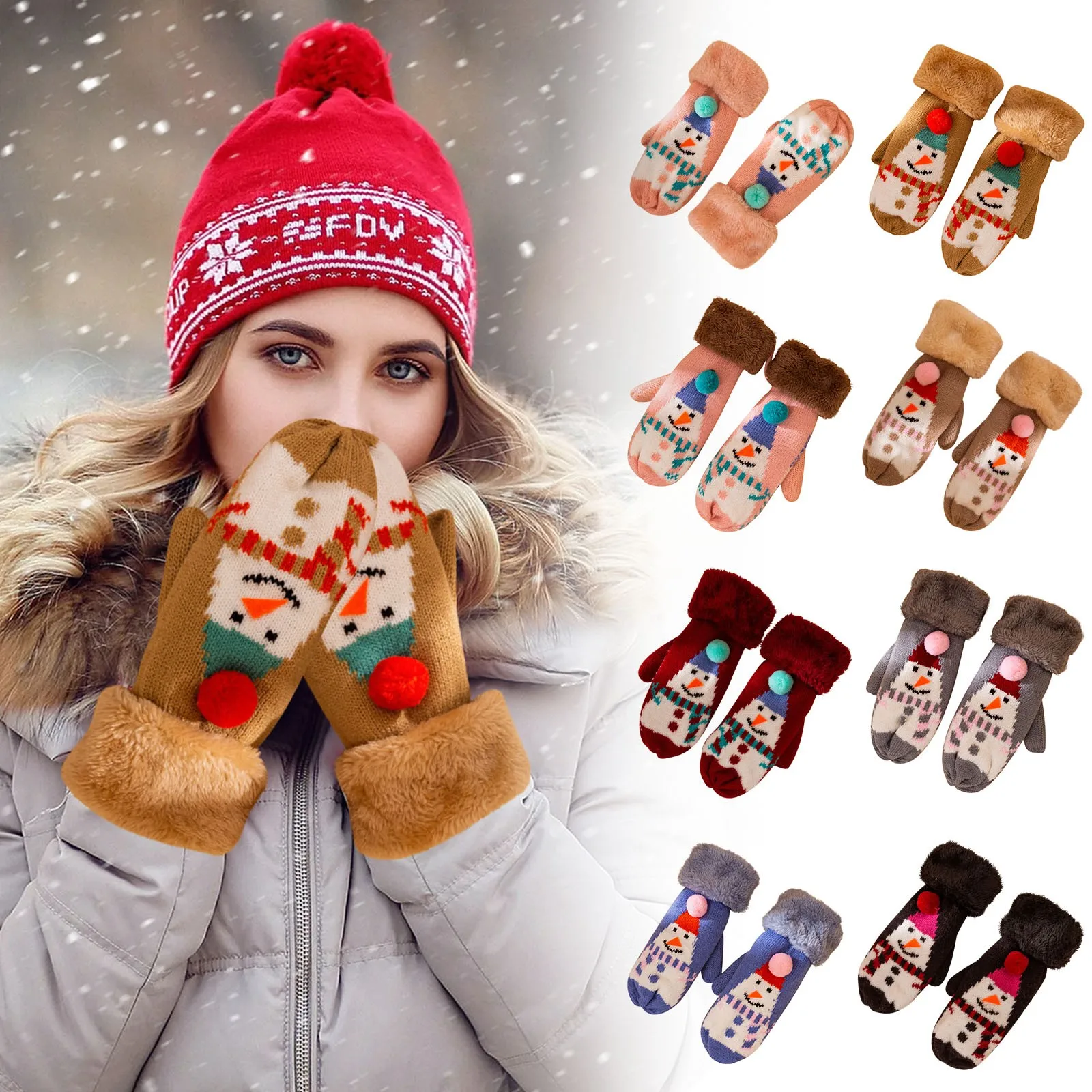 

Christmas Women Plus Velvet Thick Gloves Winter Warm Female Knit Casual Cute snowman EIK Fingerless Mittens Ski Gloves Xmas gift