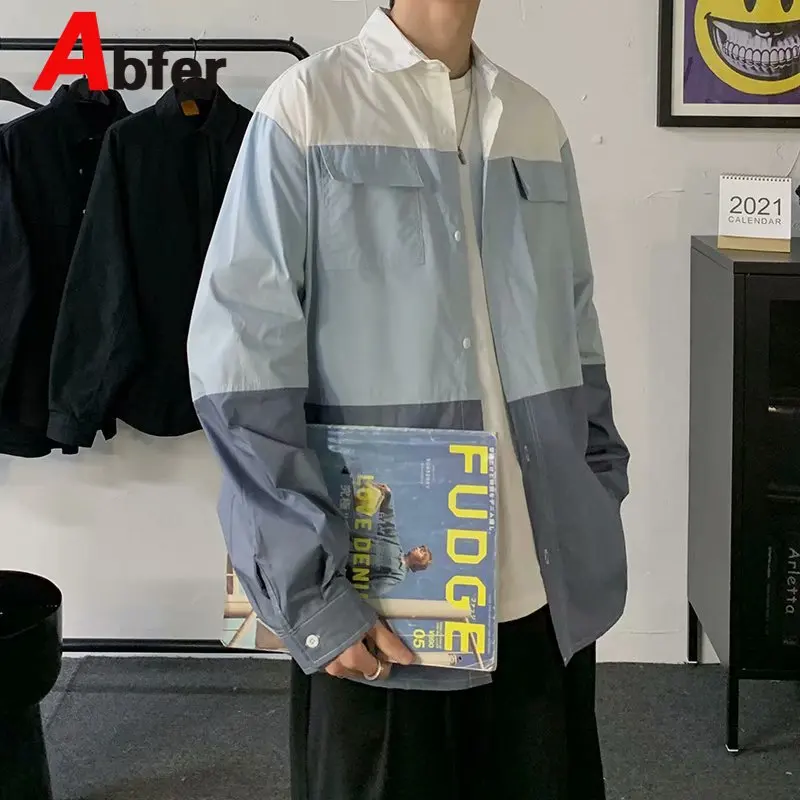 

Abfer Long Sleeve Shirts Men 2021 Spring Trend Hit Color Stitching Oversized Shirt Japanese Fashion Stripe Button Up Shirt