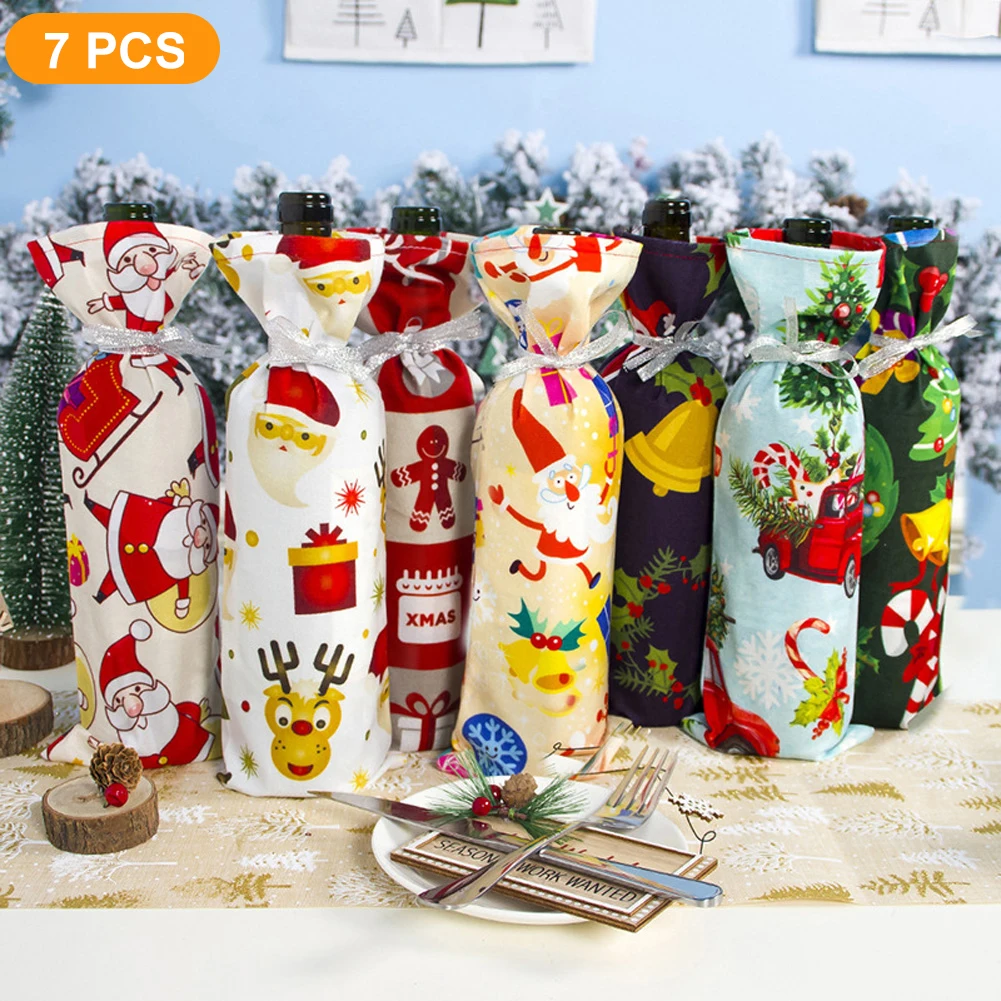 

7PCS Christmas Wine Decoration Polyester Cotton Flannel Printed Christmas Champagne Bottle Set home party happy new year 2022