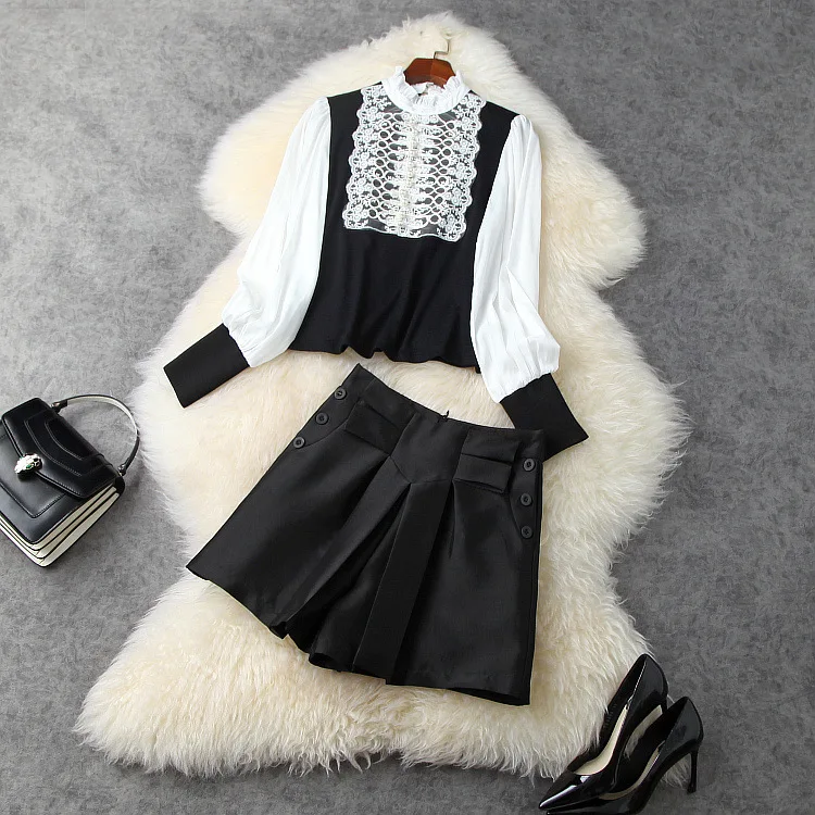 

New European and American Women's Clothing New 2021 Spring A Long Sleeve Patchwork Lace Button-down Shirt Shorts Fashion Suits