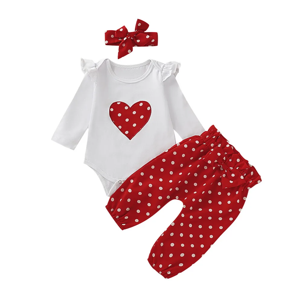 

Newborn Baby Girls Clothes Long Sleeve heart print T-shirt+red polka dot Pants+Headband Infant 3Pcs Baby Girls Clothing Set D30