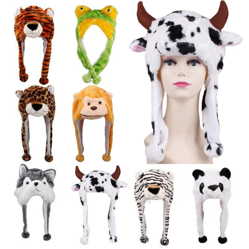 

Зимняя теплая милая плюшевая Шапка-бини с героями животных для взрослых и детей, с ветрозащитным помпоном, забавная мягкая игрушка, шапка-уш...