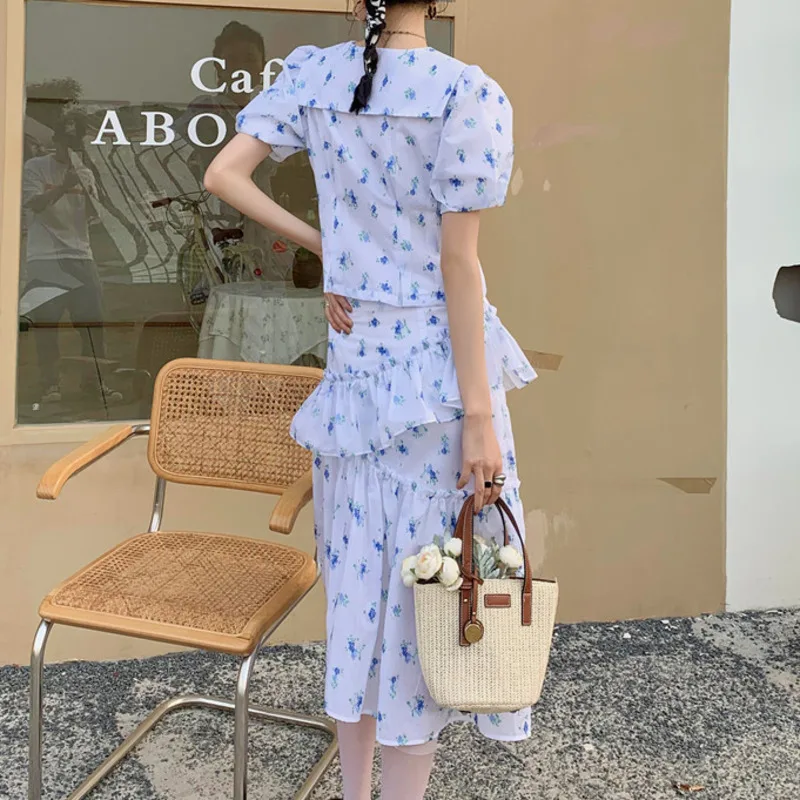 

Summer Vintage Floral Print Two Piece Set Women Crop Top Puff Sleeve Shirt + High Waist Ruffles Long Skirt Sets Sweet 2pcs Suits