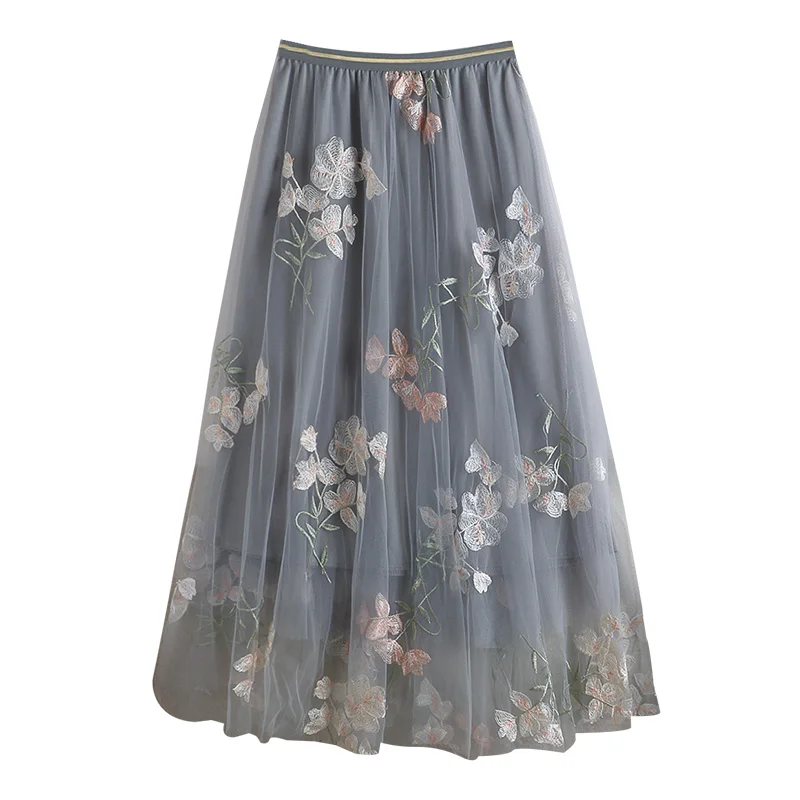 

Smlinan Summer Vintage Elegant Mesh Skirt Women Clothing Elastic High Waist A-line Long Skirt Embroidery Floral Tulle Skirts