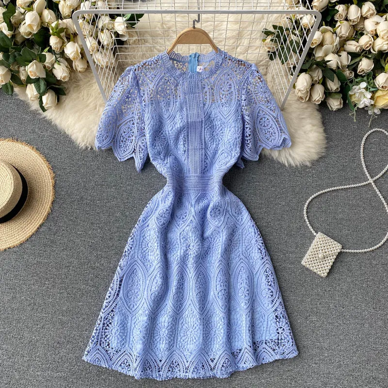 

Runway Solid Hook Flower Hollow Out Lace Dress Women Short-Sleeved Slim A Line Elegant Sweet Girls Female Summer Party Vestidos