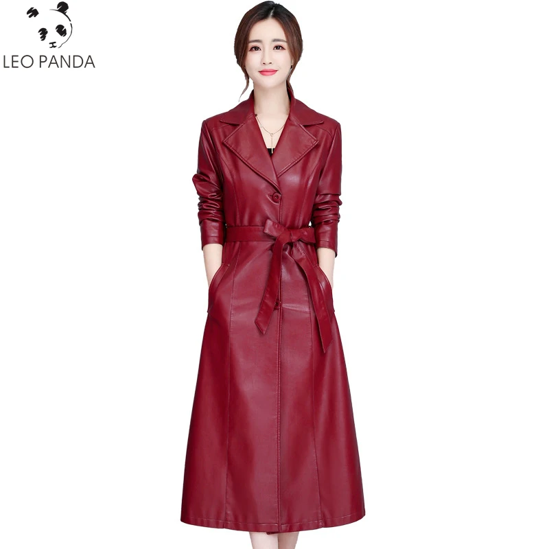 Женское повседневное длинное пальто из натуральной кожи облегающая модная