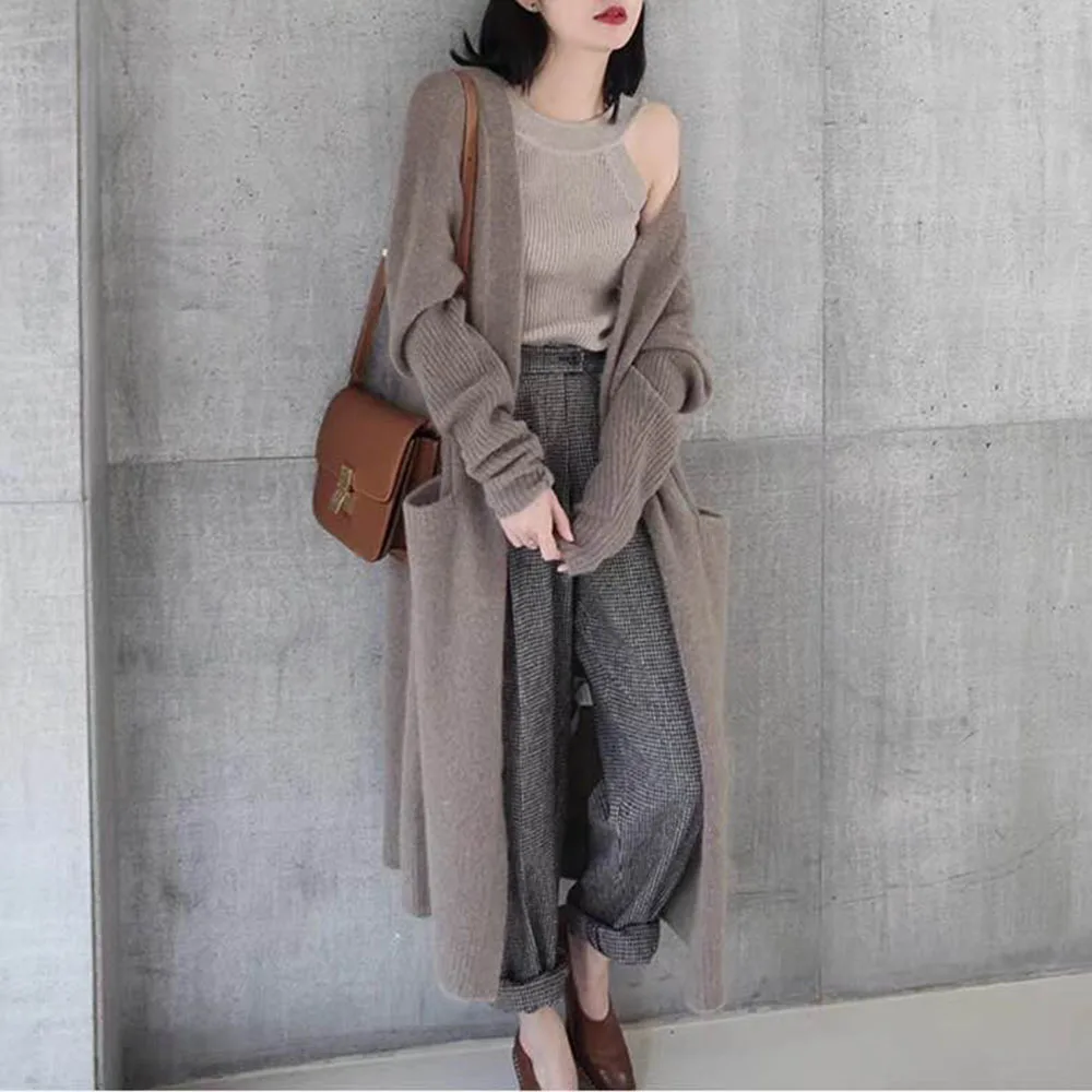 

Women Sweater Cardigan Autumn Winter Thick Warm Solid Simple Knitwear Loose Korean Street Fashion Black Long Knitted Top 2020
