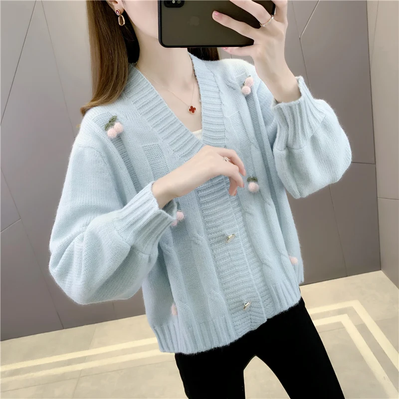 

Room 210202, row 4, No. 6 (top)] actual shooting, V-neck solid color embroidered knitted cardigan [3009] 58