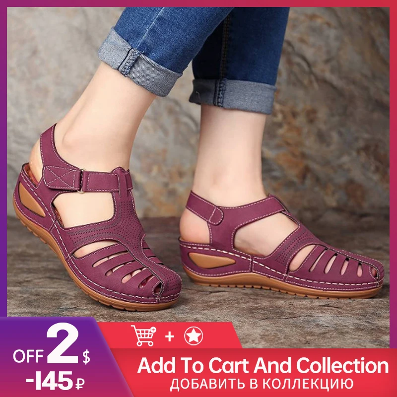 

Сандалии женские с перфорацией, босоножки на танкетке, на липучке, с круглым носком, удобные нескользящие, в ретро стиле, большие размеры, на ...