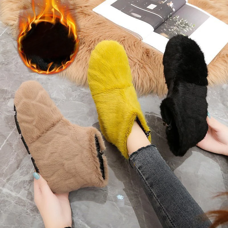 

Зимние теплые женские пушистые ботильоны, пушистые модные короткие женские утепленные ботинки на молнии сбоку, повседневные уличные ботин...