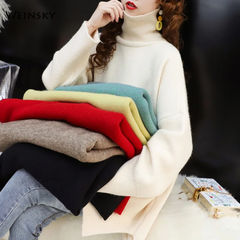 Женская водолазка оверсайз вязаный свитер пуловеры в Корейском стиле Осень-зима