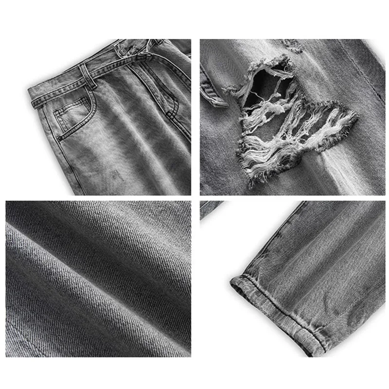 Spring Summer Men Thin Knee Length Jeans Fashion Street Ripped Hole Denim Pants Europe Vintage Grey Trousers With Waistband