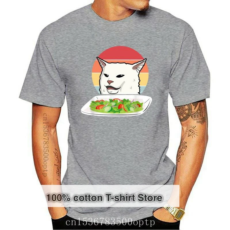 

New 2021 Angry Women Yelling At Confused Cat At Dinner Table Meme Retro Summer Men's cotton T-Shirt Humor Gift women TShirt Tops