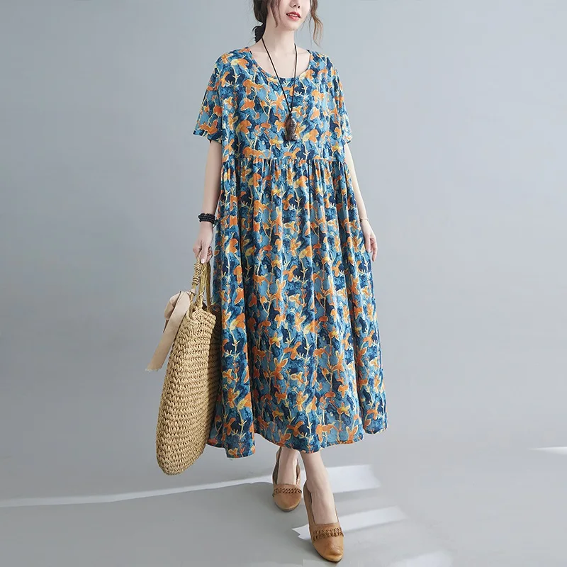 

Plus Size Sundress Short Sleeve Cotton Vintage Floral Dresses For Women Casual Loose Long Summer Dress Elegant Clothes 2021