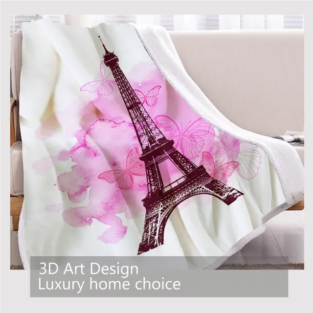 BlessLiving Pink Blankets For Bed Romantic French Tower Throw Blanket Butterfly Sherpa Blanket Watercolor couverture Valentine 3