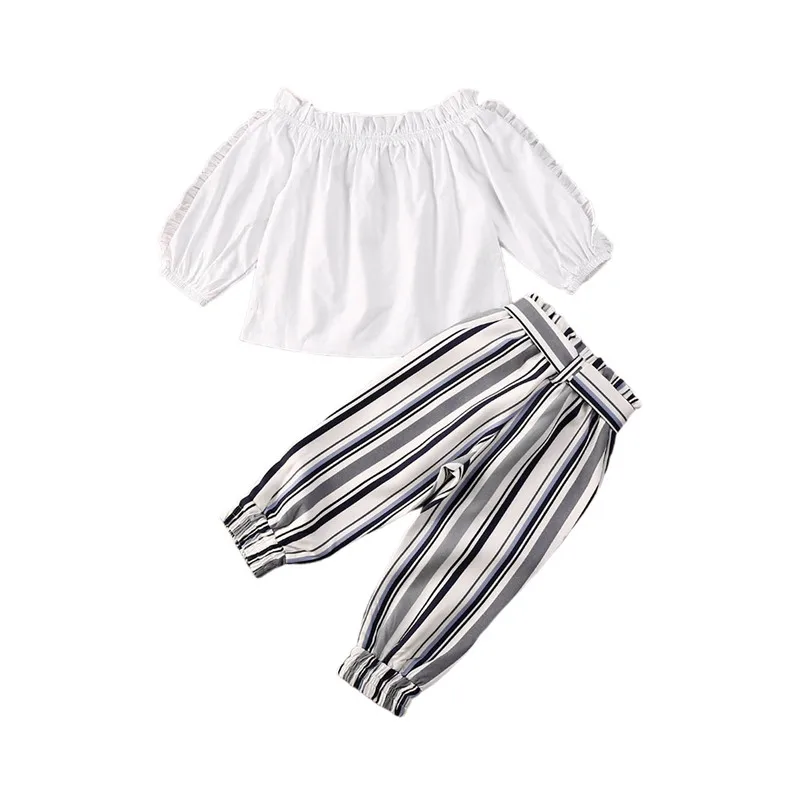 

2020 Brand Summer Kids Girls Clothes Set Princess Children Girls Ruffles White Off Shoulder T Shirts Tops+Bow Striped Pants 2Pcs