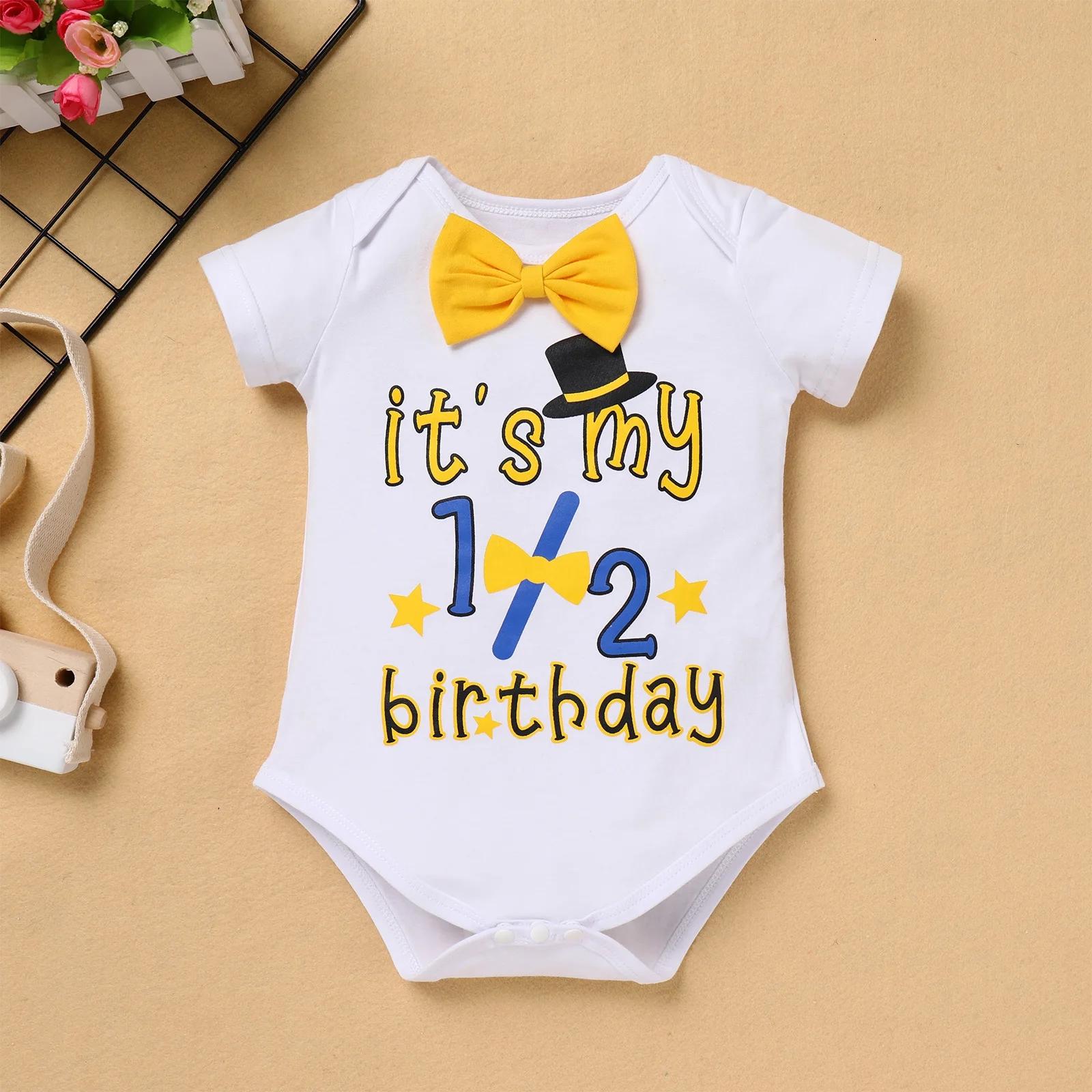 6M Baby Boys Romper For Half-year-old Birthday Party Costume Baby Boy's Cake Smash Outfit Letters Printed Short Sleeve Romper