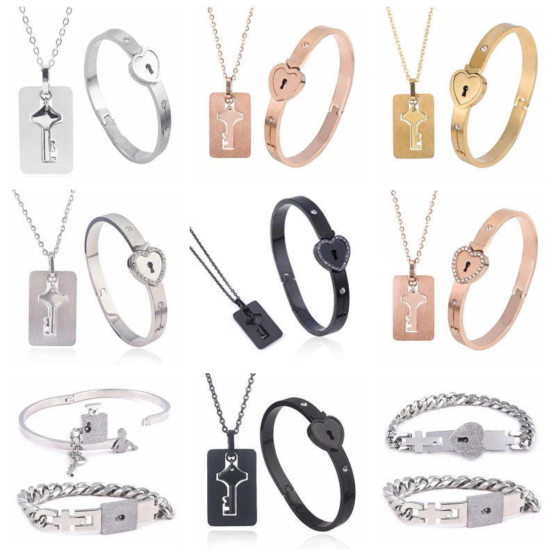 

Titanium Steel Key and Lock Necklace for Couples His Hers Love Heart Key Square Lock Bangle Bracelet Set Valentine's Day Gift