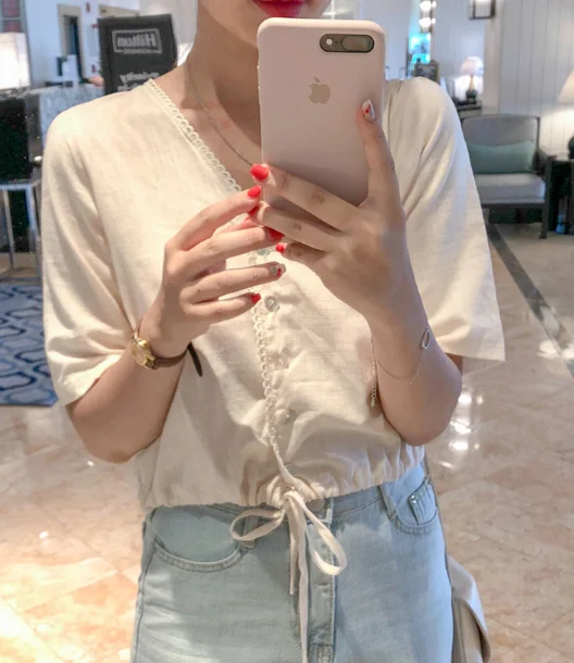 Повседневные женские топы с коротким рукавом кружевная рубашка вышивкой льняная