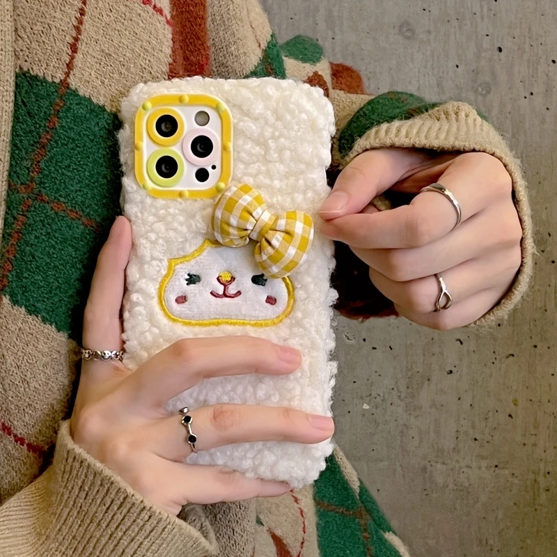 

Cute Cartoon Sheep Warm Lamb Plush Fabric Phone Case For iPhone 13 12 11 Pro Max X Xs Max Xr 7 8 Plus Case Fuzzy Soft Back Cover