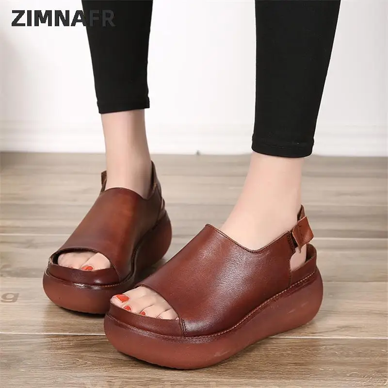 

Sandals female 2019 summer new thick bottom Handmade genuine leather women sandals flat bottom casual shoes platform sandals