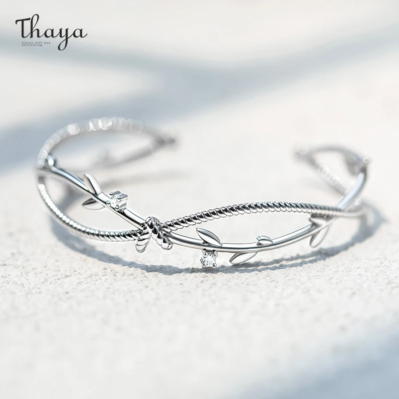 

Thaya Unique Womens Bracelet Natural Handmade Olive Branch White Crystal Opening Elegant Bracelet Unique Fashion Jewelry Gifts