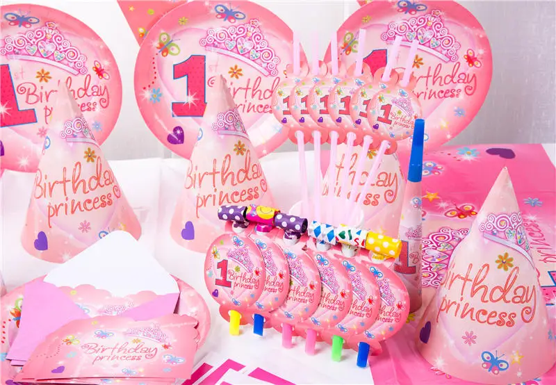 Розовые детские украшения на 1 й день рождения бумажные тарелки салфетки чашки