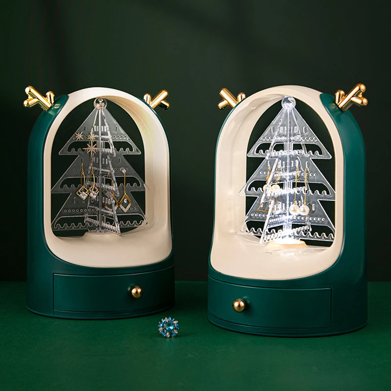 

360 Rotating Jewelry Organizer Makeup Storage Box Earring Ring Display Holder Desktop Dustproof Drawer Type Plastic Jewelry Box