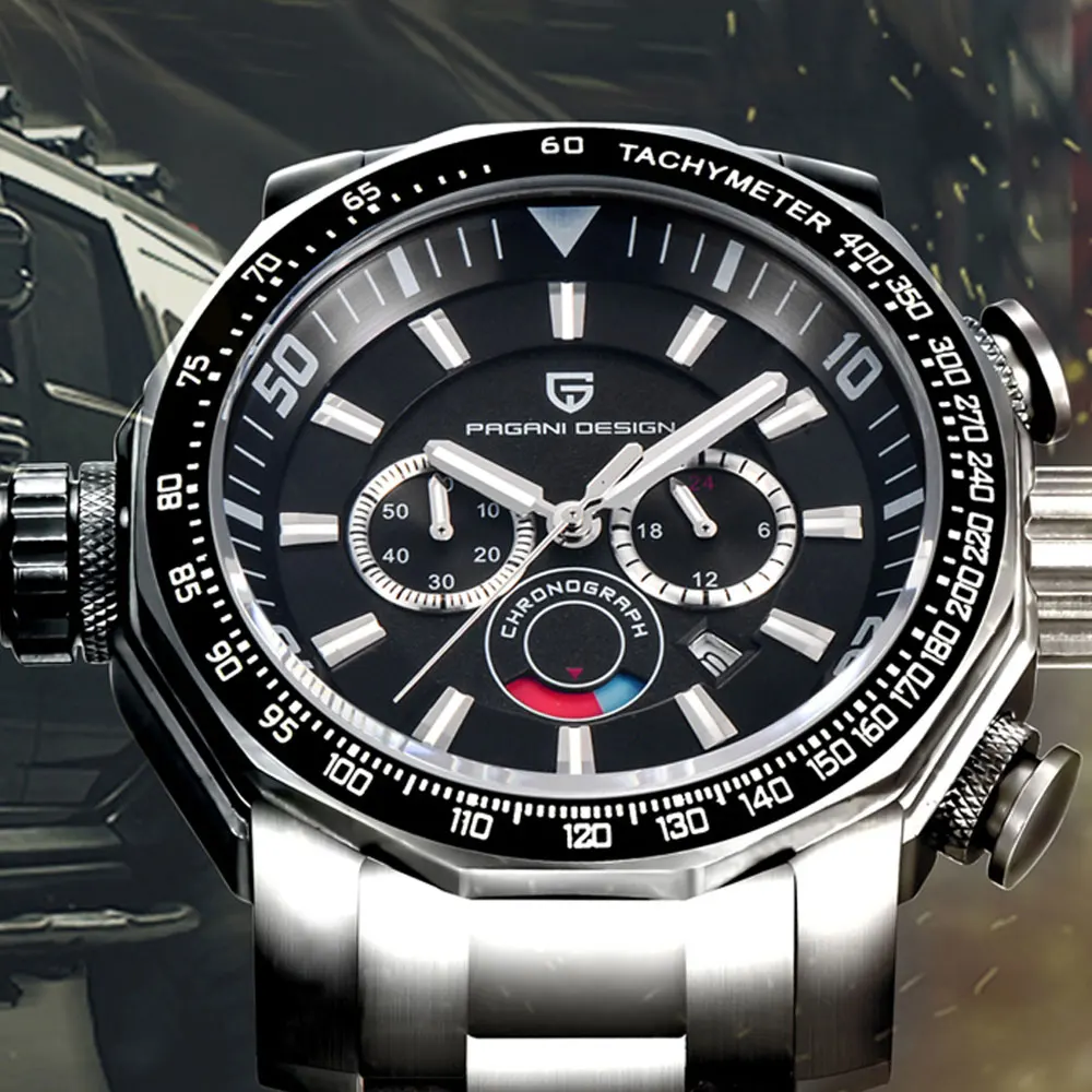 Часы Pagani с черным циферблатом 60 мм многофункциональные кварцевые часы ремешком