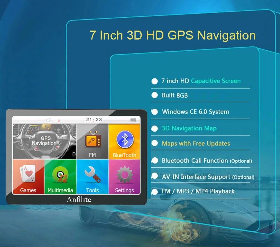 Автомобильный навигатор Anfilite 7 дюймов GPS 256 м + 8 Гб FM спутниковая навигация Navitel