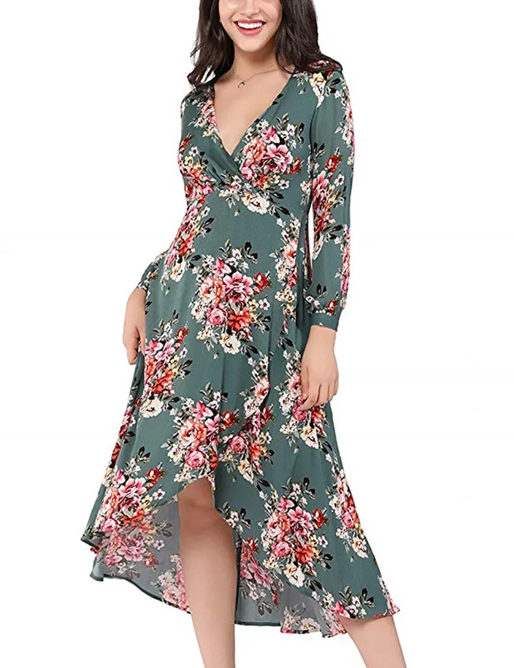 

Women Short Sleeve Floral Print Slim Dresses Fashion Elegant Ladies Sexy V-neck Boho Vintage Ruffles Beach Dress Vestidos Plus