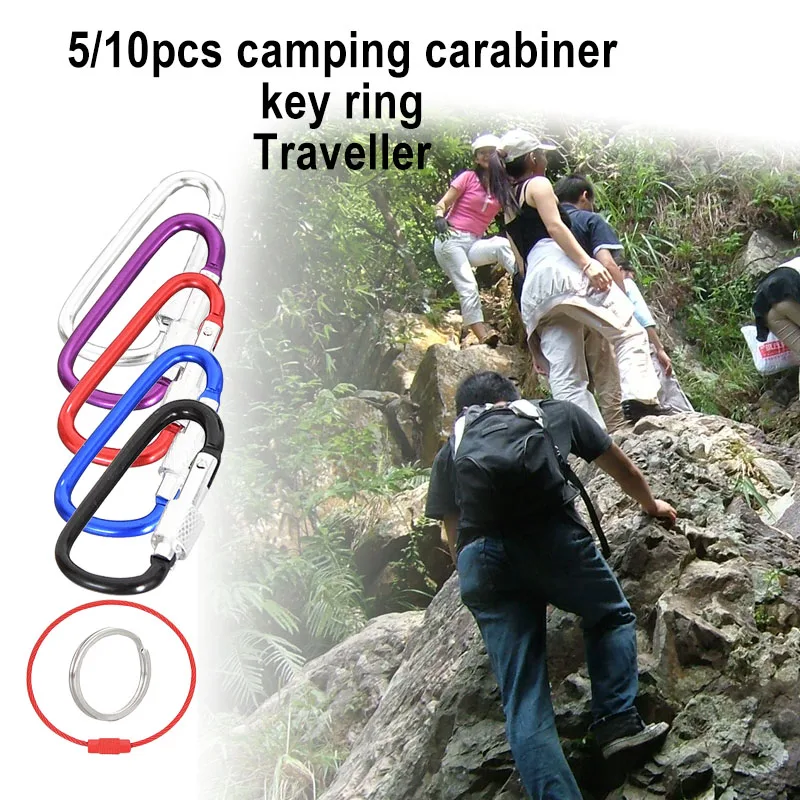 

5/10PCS Carabiners Set Aluminum Alloy Outdoor Carabiner D-Type with Lock Hook Key Ring Traveller Anti-lost Camping Carabiner