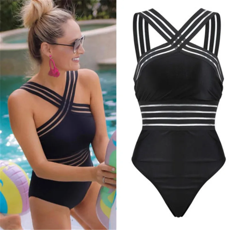 

2021 New Women Swimsuits Sexy One Piece Swimwear For Women Beach High Neck Bandage Cross Back Swimming Suit Female Beach Dress