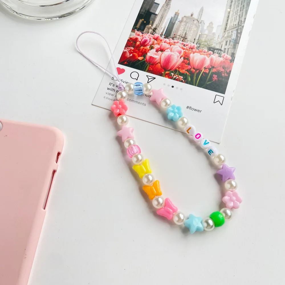 

2021 New Ins Trendy Colorful Smiling Beads Chain Mobile Phone Chain Anti-lost Handmade Acrylic Cord Lanyard for Women
