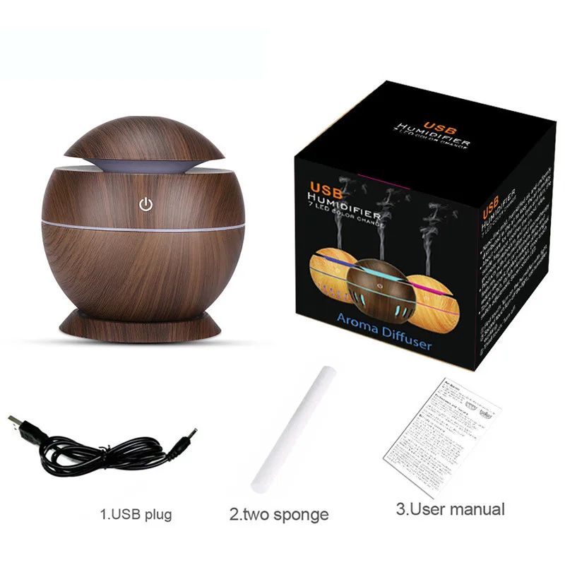 

130ml Humidifier Aroma Essential Oil Diffuser Ultrasonic Wood Grain Air Humidifier USB Mini Mist Maker 7 LED Light Car Home