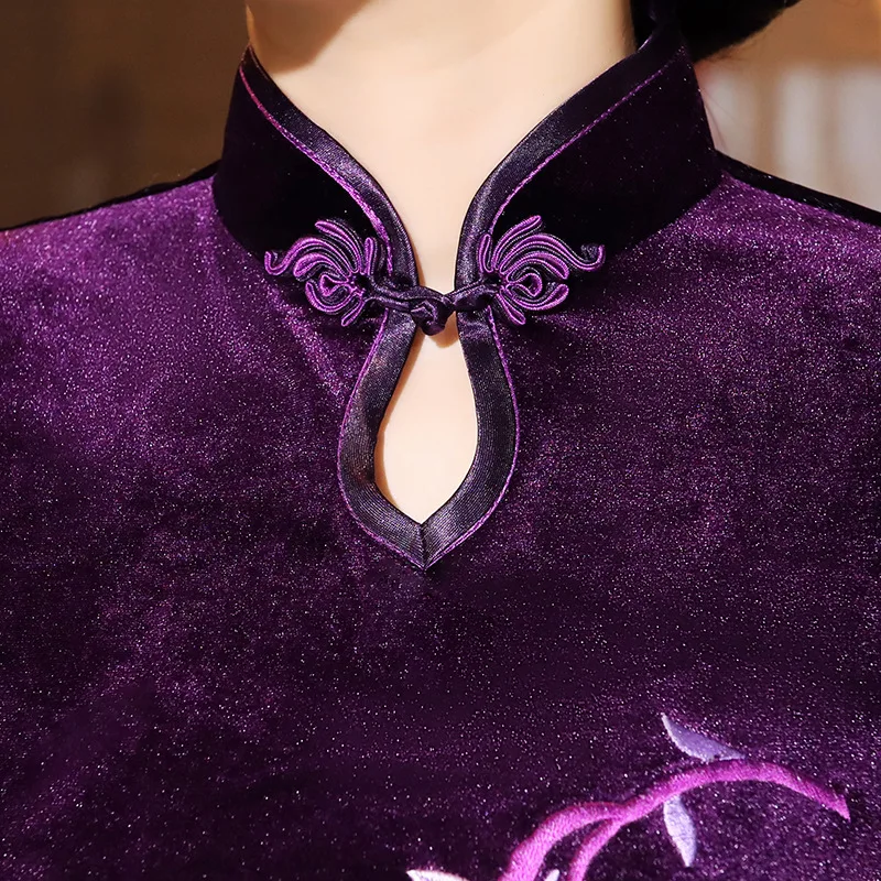 

Embroidery Flower Female Cheongsam Vintage Button Sexy Qipao Evening Party Gown Classic Half Sleeve Chinese Traditional Dress