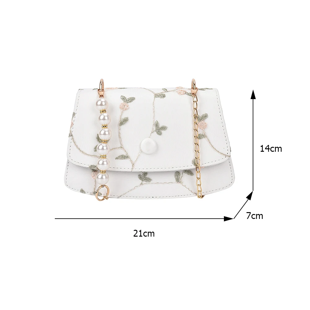 

Women Gauze Flower Embroidery PU Leather Mesh Shoulder Crossbody Messenger Bag Delicate Casual Ladies Pearl Chain Handbags