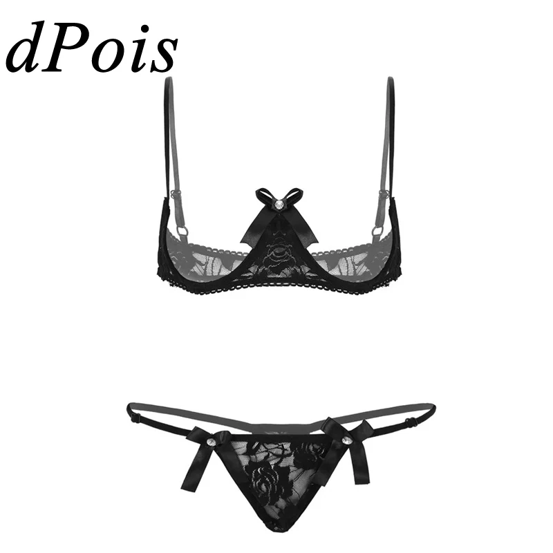 

2Pcs Womens Sheer Lace Lingerie Set Sexy Spaghetti Straps Bare Exposed Breasts Underwired Shelf Bra Low Rise G-string Briefs