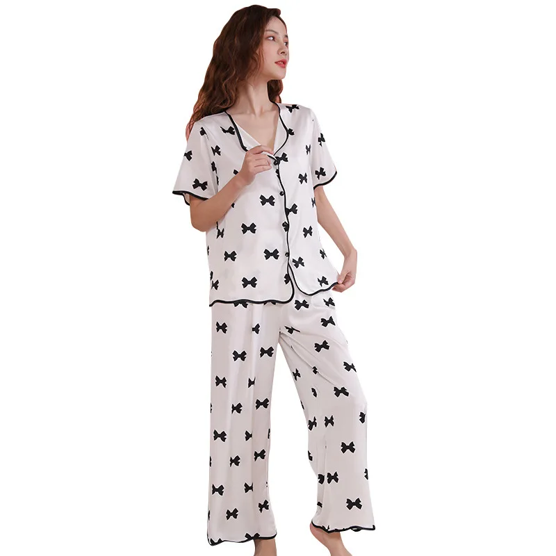 

Women Loungewear Print Pajamas Satin Sleepwear Lingerie 2021 Summer New Two Piece PJS Set Casual Home Clothes Nightwear
