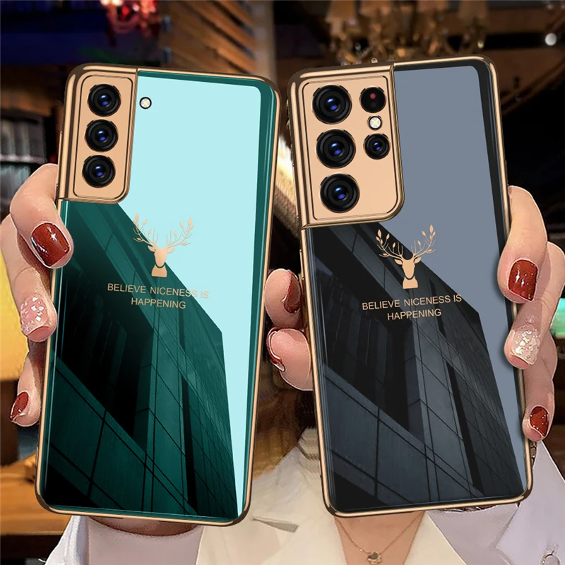 

Deer Patterned Tempered Glass Case For Samsung Galaxy S21 Ultra 5G Case Luxury Plating Soft Frame Hard Back Cover for S21 Plus