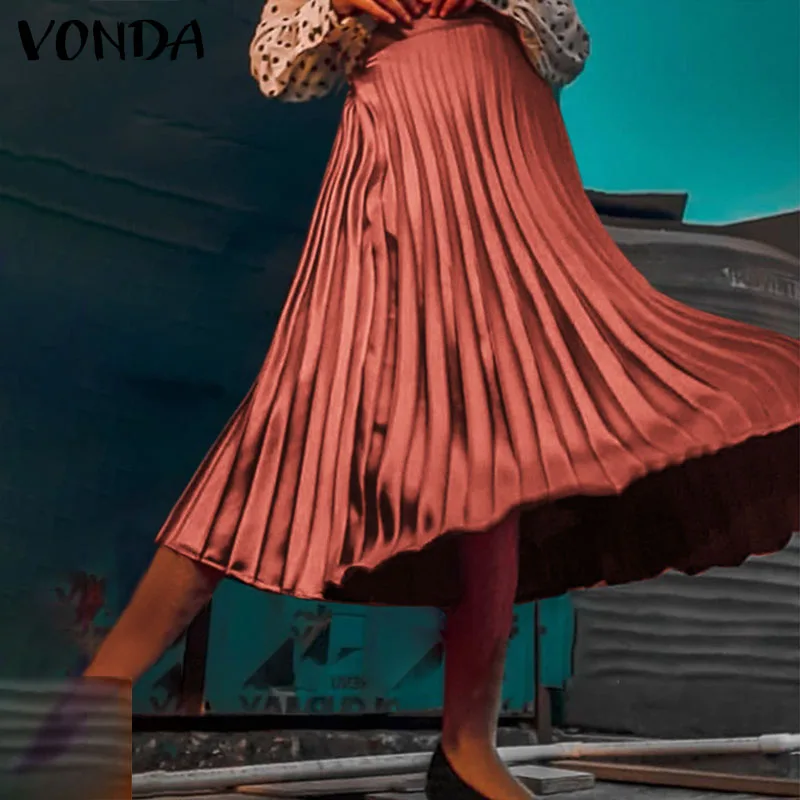 

2021 осенние женские юбки VONDA, повседневная однотонная плиссированная юбка, Женская свободная мешковатая уличная одежда с эластичным поясом, ...