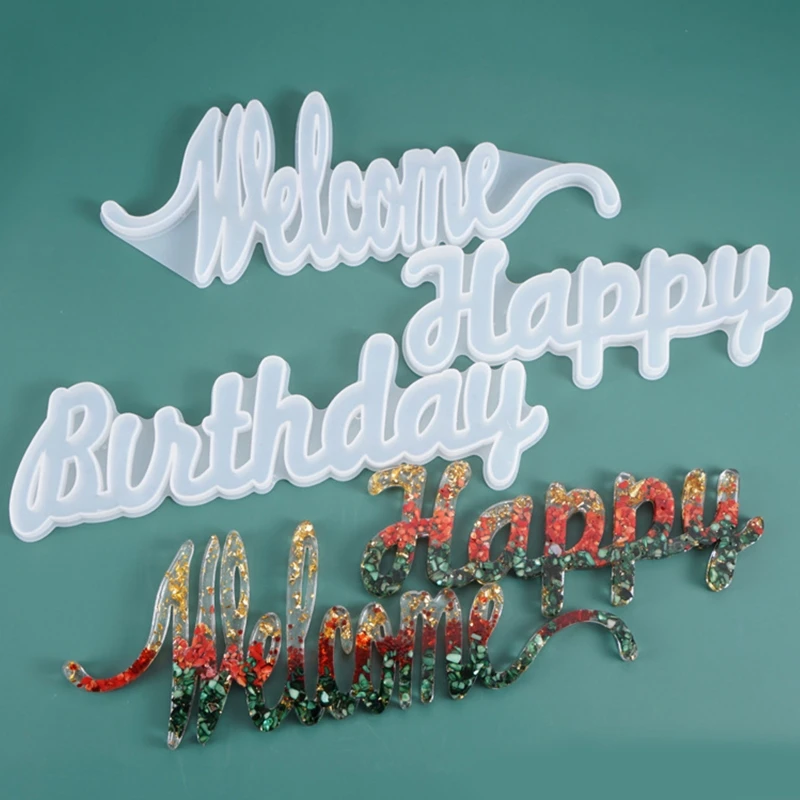 

DIY Crafts Crystal Epoxy Resin Mold Birthday English Blessing Words Doorplate Listed Decoration Casting Silicone Mould