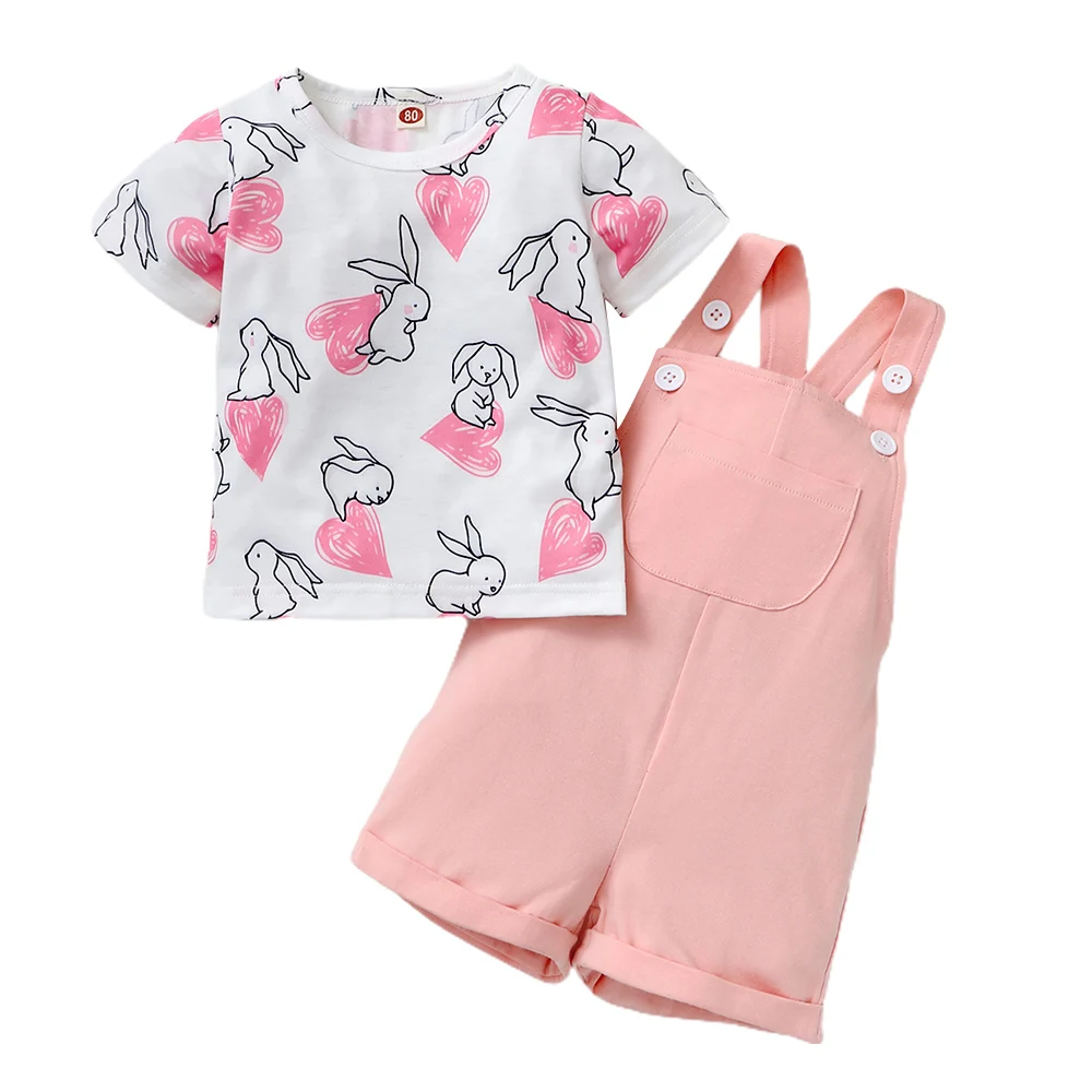 

Girl Child Love Rabbit Print Round Neck Short Sleeve Top Pink Suspender Shorts
