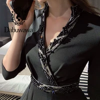 dabuwawa exclusive vintage black a line dress women long sleeve v neck high waist pleated party dress ladies do1cdr019
