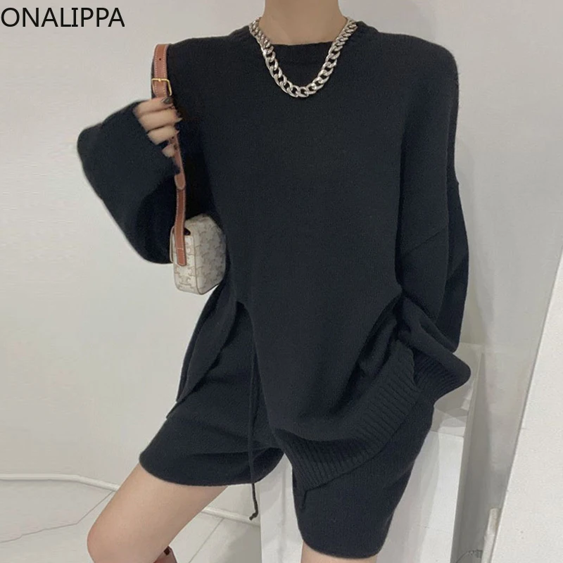

ONALIPPA Pants Set Ladies 2021 Autumn Korean Chic Lazy Round Neck Long-Sleeved Knitted Sweater High-Waist Drawstring Trousers