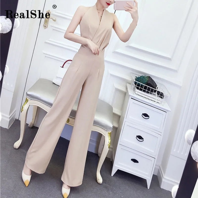RealShe женский элегантный комбинезон с лямкой на шее без рукавов одноцветные штаны