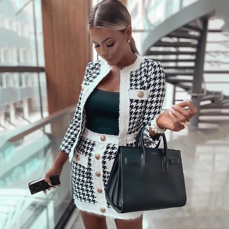 Ailigou Winter New Women'S Houndstooth Tweed 2 Sets Of Sexy Long-Sleeved Round Neck Button Coat+ Skirt Vestidos Party Suit