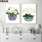 Белая орхидея и Магнолия, акварель, китайский стиль, Декор, холст, печать, Восточная ваза, синяя белая ива, стиль фарфора, фотография